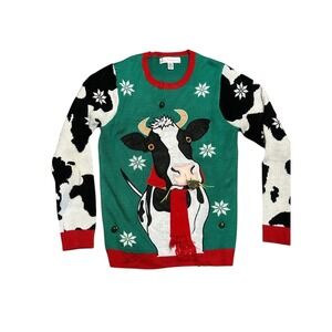 Jolly Sweaters Cow Ugly Christmas Sweater Green Red Cow Print Medium